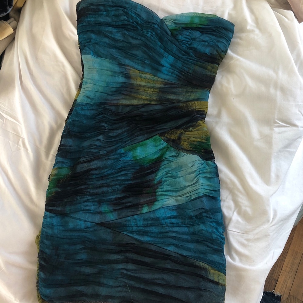BCBG blue and green strapless mini dress